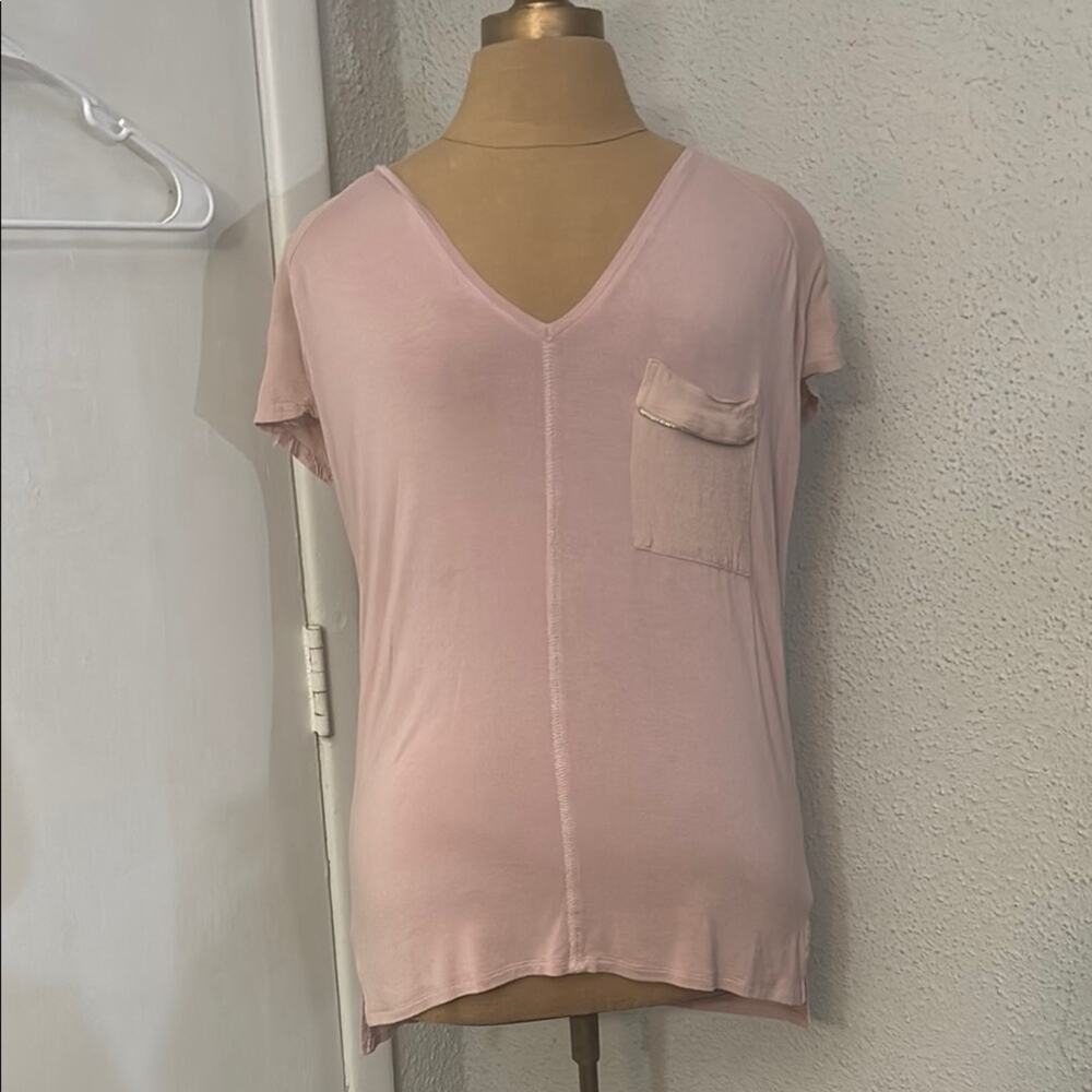 Zara Basic Collection Pink One Pocket Zip Detail V-Neck Tshirt S Comfy Cozy Boho